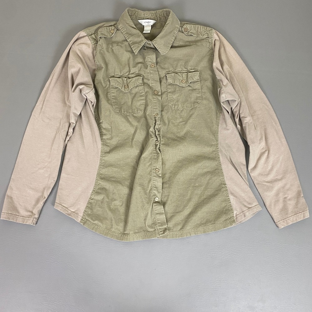 CJ Banks Top Button Down Shirt Women's 1X Khaki Green Knit Long Sleeve
